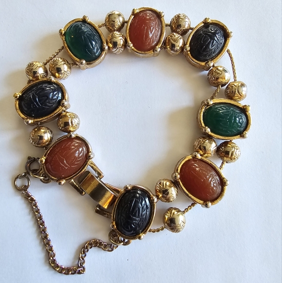 Vintage Scarab Bracelet Egyptian Revival Slide Charms gold tone Victorian - Picture 13 of 13